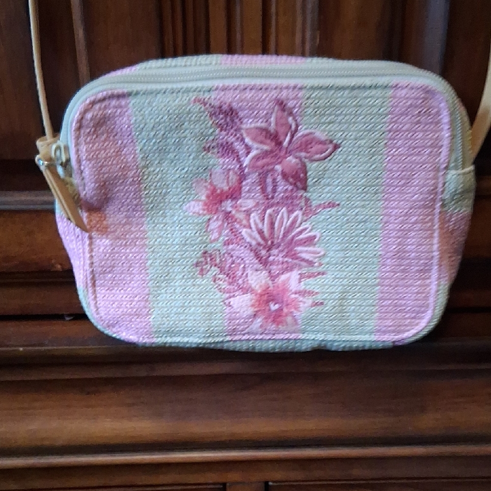 Vera Bradley Pink and Tan Floral Stripe Crossbody Bag